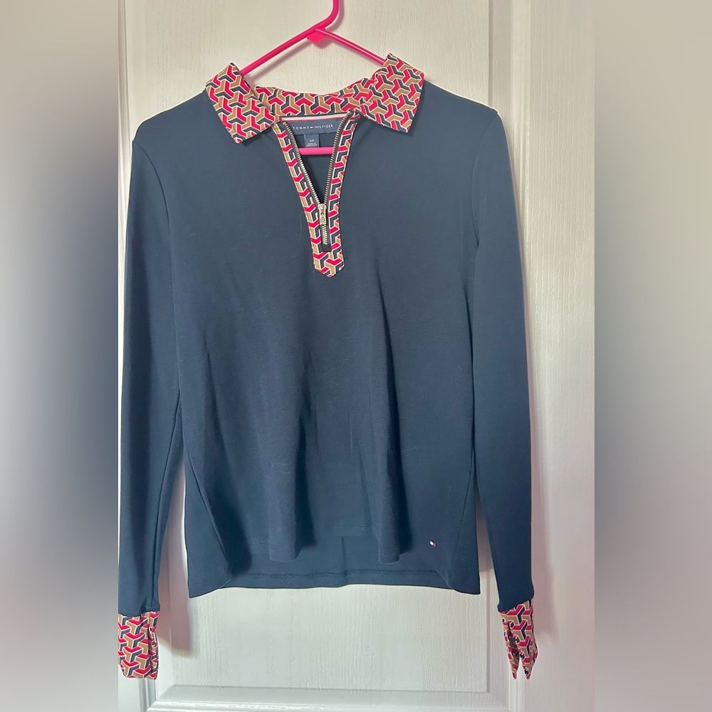 Tommy Hilfiger Blue Long Sleeve Top with Red Patterned Collar Size SP